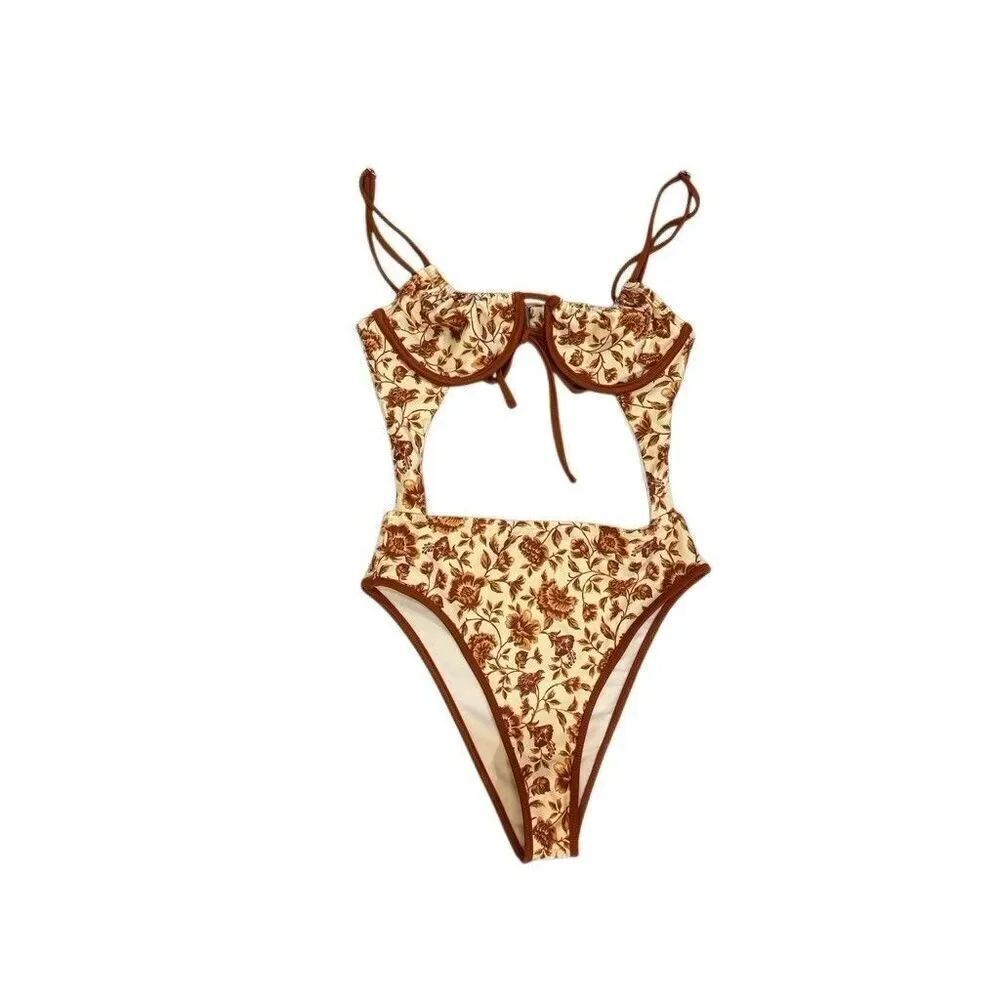 Tularosa Shia One Piece Swimsuit XS Floral Bikini Cutout Rust Color